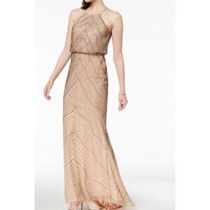NEW Adrianna Papell Halter Beaded Blouson Goem Maxi Dress Sz 8P Taupe Pink Wavy